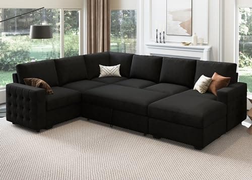HONBAY Sectional Sleeper Sofa with Pull Out Bed U-Shape Sectional Couch with Storage Chaise 6 Seater Sleeper Sectional Sofa Bed, Velvet Black - Image 1