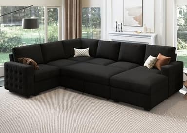 HONBAY Sectional Sleeper Sofa with Pull Out Bed U-Shape Sectional Couch with Storage Chaise 6 Seater Sleeper Sectional Sofa Bed, Velvet Black - Image 1
