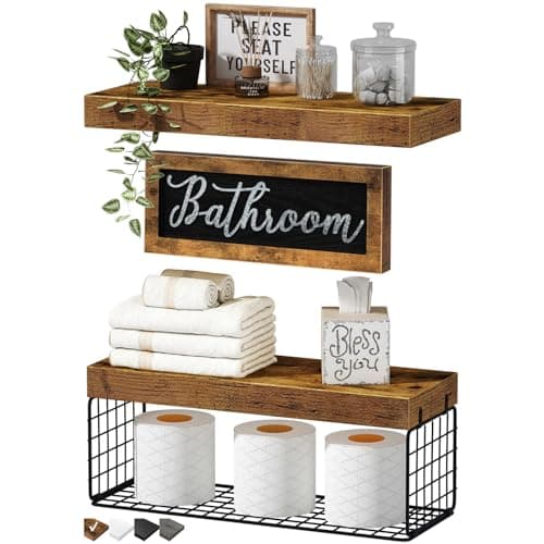 QEEIG Bathroom Shelves Over Toilet - Paper Storage Wall Mounted Farmhouse Decor Decorations Aesthetic Décor Sign Small Floating Shelf 2+1 Set 16 inch, Rustic Brown (020BN) - Image 1