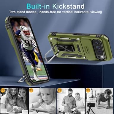 DEERLAMN Case for Google Pixel 9 Pro XL with Slide Camera Cover+Screen Protector(1 Pack), Rotated Ring Kickstand Military Grade Shockproof Protective Cover-Olive Green - Image 4