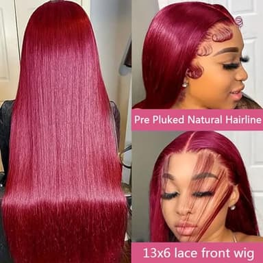 Fiumer Burgundy Wig Human Hair 28inch 13x6 HD Transparent Lace Straight 99J Red Human Hair Wig Colored Reddish Brown Lace Frontal Wigs 180% Density Pre Plucked - Image 3