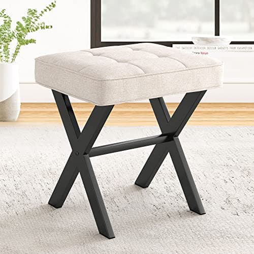 LUE BONA Ottoman Foot Stool Vanity Stool, Square Linen X-Leg Foot Rest Ottoman Makeup Stool, Small Stool Chair for Vanity, Modern Padded Vanity Seat for Makeup Room, Living Room, Bathroom, Linen Color - Image 1