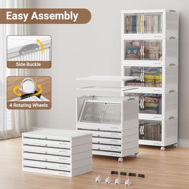 BROVIEW 320Qt Stackable Storage Bins with Lid, Closet Organizer and Storage Drawer, Collapsible Storage Box with Wheels, Plastic Clothes Storage Cabinet Containers for Home Organization, 4Pack White - Image 7