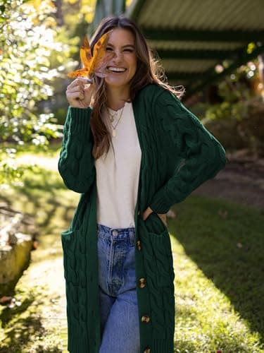 PRETTYGARDEN Long Sleeve Cable Knit Long Cardigan for Women 2025 Fall Winter Chunky Open Front Button Sweaters with Pockets(Dark Green,Small) - Image 4