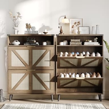 Shoe Cabinet with 2 Flip Drawers & Open Storage,Farmhouse Shoe Storage Cabinet for Entryway,Freestanding Narrow Organizer Rack with Legs,Foyer,Hallway,Rustic Oak Rattan - Image 6