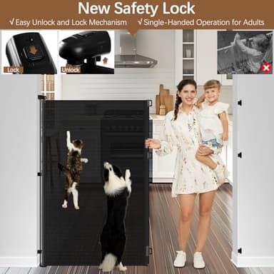 55" Extra Tall Cat Gate for Stairs - No Jump, 55" Wide Retractable Baby Gates Outdoor Retractable Gate Indoor Mesh Baby Gate Retractable Pet Gate, Extra Tall Pet Gate Tall Dog Gates for Doorways/Black - Image 5