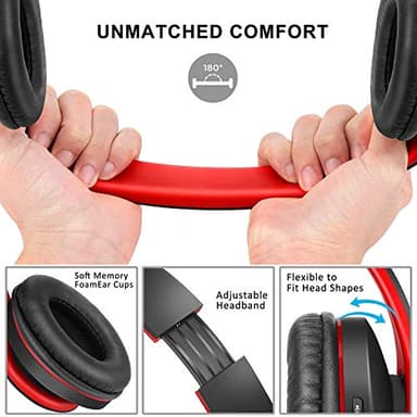 ZIHNIC Bluetooth Headphones Over-Ear, Foldable Wireless and Wired Stereo Headset Micro SD/TF, FM for Cell Phone,PC,Soft Earmuffs &Light Weight for Prolonged Wearing (Black/red) - Image 5
