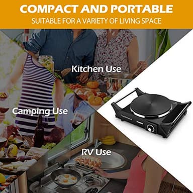 Hot Plate, Techwood Electric Stove for Cooking, 1500W Countertop Single Burner with Adjustable Temperature and Handles, 7.3” Cooktop for RV/Home/Camp, Compatible for All Cookwares Black - Image 4
