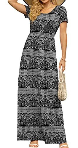 DB MOON Womens 2025 Summer Maxi Dresses Casual Short Sleeve & Pockets Empire Waist Long Dress for Beach Party XL, Black Floral - Image 2