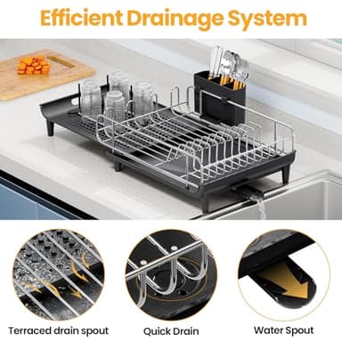 TOOLF Expandable Dish Rack, Dish Drying Rack for Kitchen Counter, Foldable Dish Dryer Rack, Stainless Steel Dish Drainer Racks with Cutlery Holder, Collapsible Dish Drying Racks Large Size,Black - Image 5
