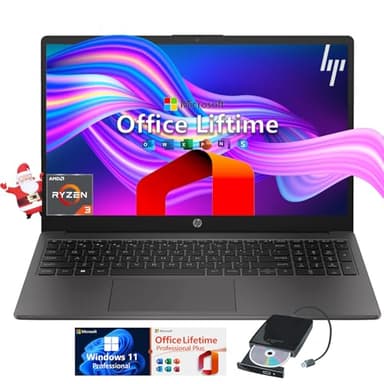 HP 255-G10 Business Laptop Computer - w/Microsoft Office Lifetime & Free CD/DVD Drive - 15.6" Full HD - Ryzen 3 7330U (Beat Intel i5-1135G7) - Wi-Fi 6 -Win 11 Pro w/Laptop Bundle (64GB RAM | 2TB SSD) - Image 1