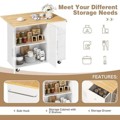 Shintenchi Kitchen Island with Folding Drop Leaf, Rolling Island Table with Storage, Kitchen Cabinet on Wheels with Seating Area for Kitchen, Bar Cart with Cabinet, White - Image 6