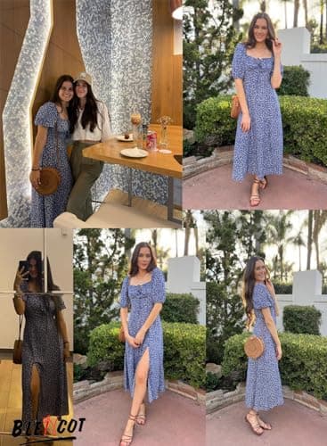 BLENCOT Casual Womens Summer Short Sleeve Square Neck Split Thigh Dress Boho Floral Print Tie Front Ruched Midi Dresses AP120White Large Size - Image 7