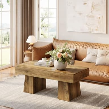 LITTLE TREE Farmhouse Coffee Table, 47 Inches Wooden Rectangular Accent Center Tables with Thick Base, Modern Low Cocktail Tea Furniture for Living Room (Rustic Brown) - Image 5