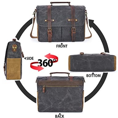 Mens Messenger Bag 15.6 Inch Waterproof Vintage Genuine Leather Waxed Canvas Briefcase Large Satchel Shoulder Bag Rugged Leather Computer Laptop Bag, Grey - Image 6