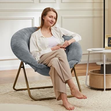 Sweetcrispy Cozy Saucer Chairs Faux Fur Living Room Reading Lounge Furniture Folding Comfy with Soft Thick Padded Seat Metal Frame Modern Style for Bedroom Home Adults, X-Large, Grey - Image 4