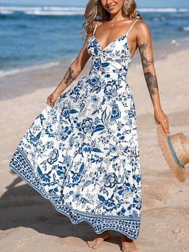 CUPSHE Women's Maxi Dress Beach V Neck Casual Sleeveless Cutout Twisted Long Dress Summer Formal Dress Teal Floral, S - Image 2
