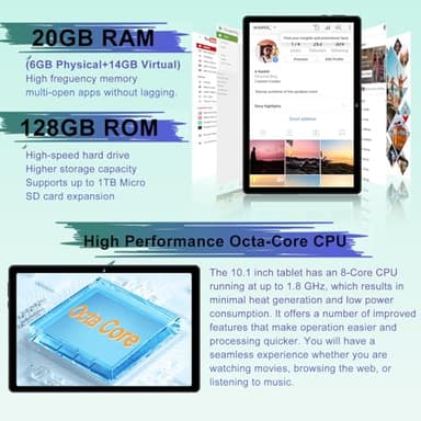2025 Android 14 Tablet with Keyboard 20GB+128GB+1TB Expand, 10.1 Inch Octa-Core 2-in-1 Tablets with HD IPS Display, 5G WiFi 6, 6000mAh Battery, BT5.0, Split Screen, Widevine L1, Mouse, Case -Black - Image 2