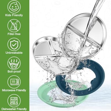 BUSOHA 3 Pack Stainless Steel Kids Plate Set - 9” Divided Toddler Baby Plates with Silicone Sleeves with Suction 2-in-1 Anti Breakage Metal Toddler Bowls Microwave Dishwasher Safe - Image 7