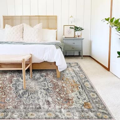 CHAMPLANT Area Rug 8x10 Washable Rug Taupe Vintage Traditional Mat Distressed Indoor Foldable Thin Retro Accent Rug Floral Print Non Slip Carpet Living Room Dining Room Office - Image 2