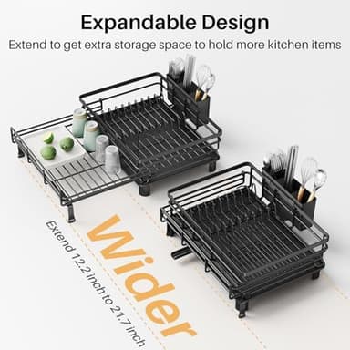 SNTD Dish Drying Rack - Extendable Dish Rack, Large Sink Drying Dish Drainer for Kitchen Counter, Stainless Steel Dish Strainer with Utensil Holder (Black - Image 5