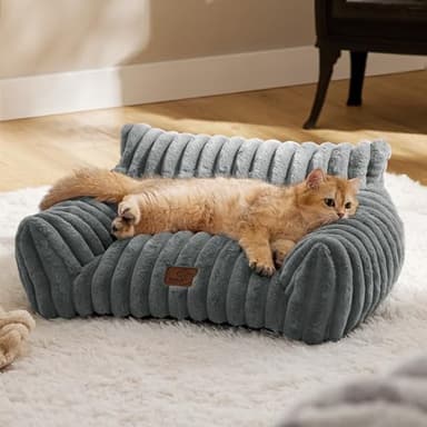 Bedsure Cute Cat Couch for Pets - Fluffy Cat Sofa with Premium Soft Corduroy Fleece, Fuzzy Pet Couch Bed with Removable Washable Cover, Supportive Pet Chair for Indoor Cats, 24inch, Warm Grey - Image 8