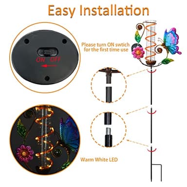 BAYN 36.3” Rain Gauge Outdoor Solar Powered 10 LEDs 7” Tube Garden Butterfly Metal Decorative Stake with Waterproof Large Glass Tube Rain Guage for Yard, Garden, Patio, Lawn - Image 3