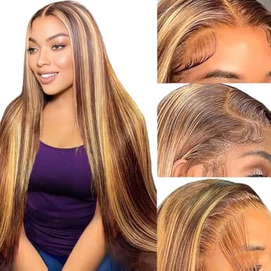 ROLKISA Highlight Ombre Lace Front Wig Human Hair 28Inch Honey Blonde Lace Front Wigs13x6 HD Lace Front Wig Human Hair 180% Density 4/27 Colored Straight Human HairPre Plucked - Image 1
