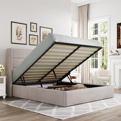Allewie Full Size Lift Up Storage Bed, Modern Wingback Headboard, Hydraulic Support, No Box Spring Needed, Light Beige - Image 1