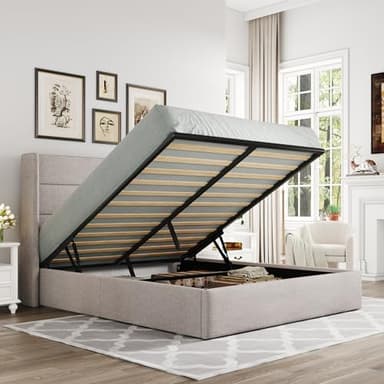 Allewie Full Size Lift Up Storage Bed, Modern Wingback Headboard, Hydraulic Support, No Box Spring Needed, Light Beige - Image 1