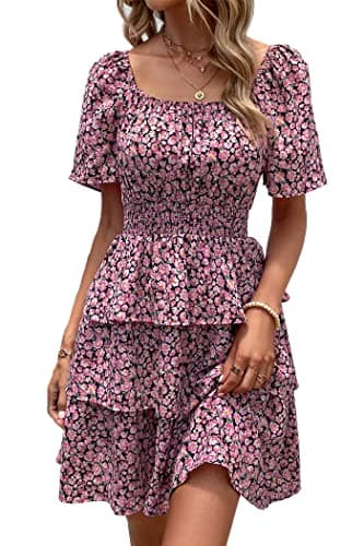 PRETTYGARDEN Women's 2025 Floral Summer Short Dress Square Neck Short Sleeve Tiered Ruffle Boho Swing Dresses (Black Pink Floral,Medium) - Image 1