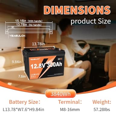 12V 300Ah LiFePO4 Battery 200A BMS 3840Wh Up to 6000+ Deep Cycle Lithium Iron Phosphate Battery Perfect for RV Camping Marine Solar Energy Storage Backup Power - Image 3