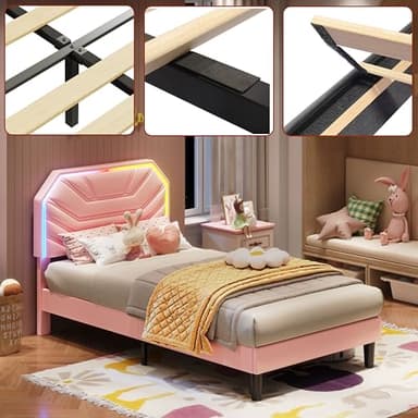LIKIMIO Twin Bed Frames with LED Light Headboard, Upholstered Modern Cama Twin Platform Bed Frame with Heavy Duty Supports, No Box Spring Need, Noise Free, Easy Assembly, Pink - Image 7