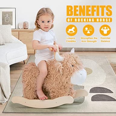 Baby Rocking Horse for 1 Year Old,Wooden Cow/Yak Horse Rocking with Wicker Plush Wooden Ride On Toy for 2 Years Old Girl&Boy Nursery Birthday Gift - Image 4
