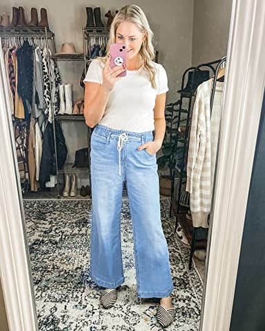 GRAPENT Women's Elastic Waist Jeans High Waisted Jeans for Women Stretchy High Waisted Flare Jeans for Women Jeans for Women Trendy Color Azure Mood Size 16 Size 18 - Image 5