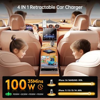 GUSGU 100W Retractable Car Charger, 4-in-1 Fast Car Phone Charger Featuring a 2.6ft Retractable Cord, with Lightning and USB-C Cable Car Charger Adapters, Compatible All Other Phone Models (Silver) - Image 2