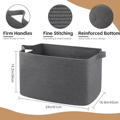 OIASKET 95L Extra Large Blanket Basket, 24" x 16.9" x 14.2" Woven Storage Basket for Living Room, Nursery Blanket Storage for Toys, Towels, Dirty Clothes (Grey) - Image 3