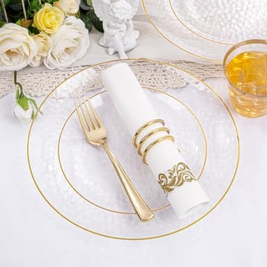 Rubtlamp 350 Pcs Clear Gold Plastic Plates, Hammered Disposable Dinnerware, Clear-Gold Plates Set Include 100 Plastic Platos, 150 Gold Disposable Silverware, 50 Cups And 50 Napkins for Party - Image 2