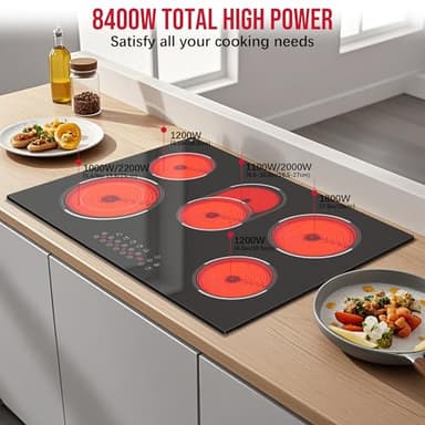 Traenvir 30 Inch Electric Cooktop, Built-in 5 Burner Electric Stovetop 8400W, 30" Glass Ceramic Cook Top with Expanded Zone, Child Safety Lock, Timer, Pause Control, 220V - 240V Hard Wire, No Plug - Image 2