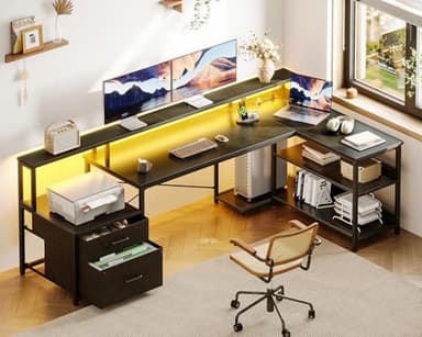 ODK L Shaped Desk with File Drawer, 75" Reversible L Shaped Computer Desk with Power Outlet & LED Strip, Office Desk with Storage Shelves, Gaming Desk with Monitor Shelf, Corner Desk, Black - Image 2