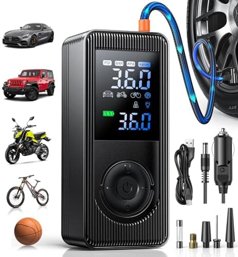 Tire Inflator Portable Air Compressor - 160PSI Fast Inflation Rechargeable Battery & 12V DC Adapter Powered Air Pump for Car Bike Motorcycle Tires Balls with LCD Display, LED Light, Pressure Gauge - Image 1