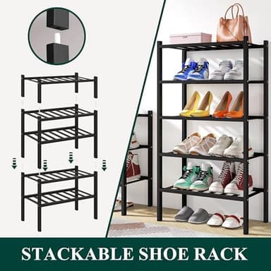 Smiry Shoe Rack, 3 Tier Small Bamboo Shoe Organizer, Stackable Free Standing Wooden Shoe Storage Shelf for Closet, Entryway, Front Door Entrance, Black - Image 6