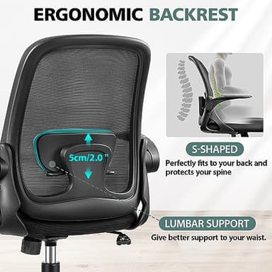 Winrise Office Chair Ergonomic Desk Chairs with Lumbar Support and Flip-up Arms, Comfortable Breathable Mesh Computer Executive Chair with Swivel Task, Adjustable Height 4'', Home - Black - Image 5