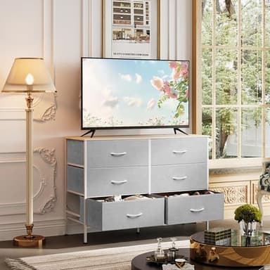 WLIVE 6 Drawer Dresser for Bedroom, Wide Fabric Dresser TV Stand for 50 Inches TV with Metal Frame, Wooden Top, Chest of Drawers, Storage Organizer for Living Room, Hallway, Light Grey - Image 2