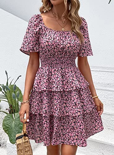 PRETTYGARDEN Women's 2025 Floral Summer Short Dress Square Neck Short Sleeve Tiered Ruffle Boho Swing Dresses (Black Pink Floral,Medium) - Image 2