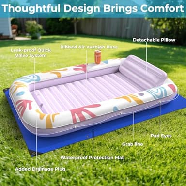 Inflatable Tanning Pool Lounger Float with Protection Tarp, 85" x 57" Pool Floats Adult w/Pillow, 6 in 1 Suntan Tub Raft Floatie, Sunbathing Water Bed Lounge Blow Up Kids Ball Pit Party Gifts-Purple - Image 7