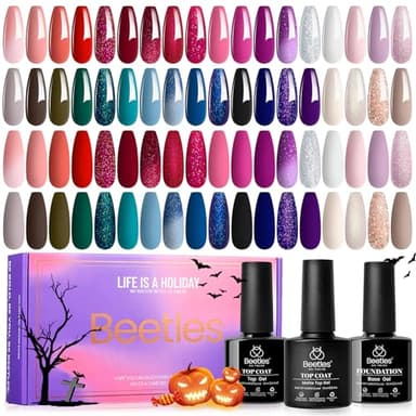Beetles Halloween Gel Polish Set 39Pcs Red Burgundy Blue Green Nude Pink Purple Gel Nail Polish with Base Matte Glossy Top Coat for Manicure Lovers DIY at Home Gift for Women Enchanted Jewelry - Image 1