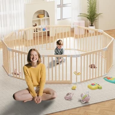 Baby Playpen, Foldable Wooden Play Yard with Gate, Playpen for Babies and Toddlers, Adjustable Baby Activity Center with Child Proof Lock, Fence Play Area for Toddlers 6 to 36 months(56*83*24inch) - Image 7
