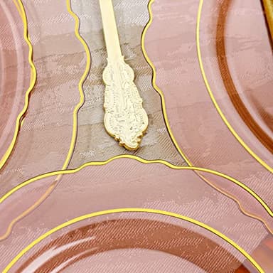 KIRE 210Pcs Clear Pink Plastic Plates with Gold Rim - Disposable Gold Silverware &Pink Cups&Hand Napkin - Plum Colored Plastic Dinnerware for Upscale Wedding - Image 4