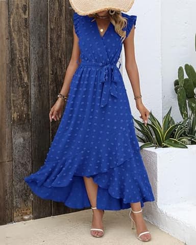 BTFBM Women V Neck Summer Dress 2025 Cap Sleeve Swiss Dot Boho Flowy Ruffle Slit Beach Party Long Maxi Cocktail Dresses(Royal Blue, Large) - Image 3